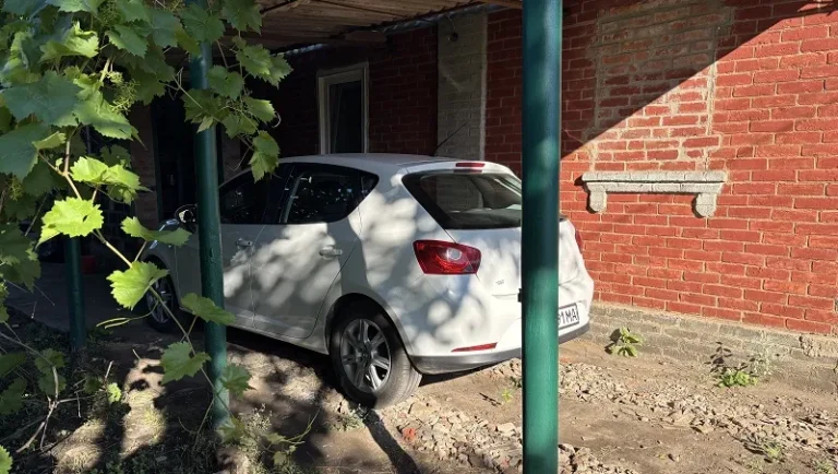 A white fourth-generation SEAT Ibiza parked beside a brick house on a sunny day.